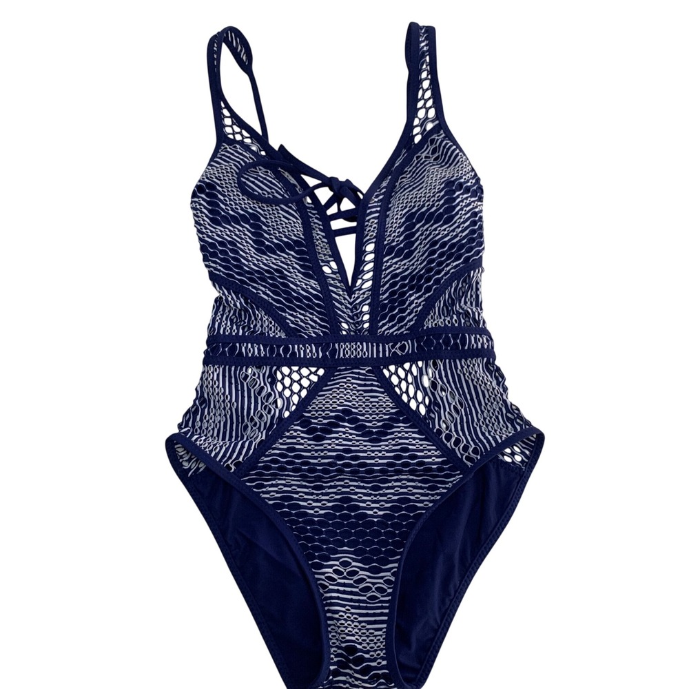 BECCA Navy White Crochet Lace Up One Piece Swimsuit Monokini XS/XP